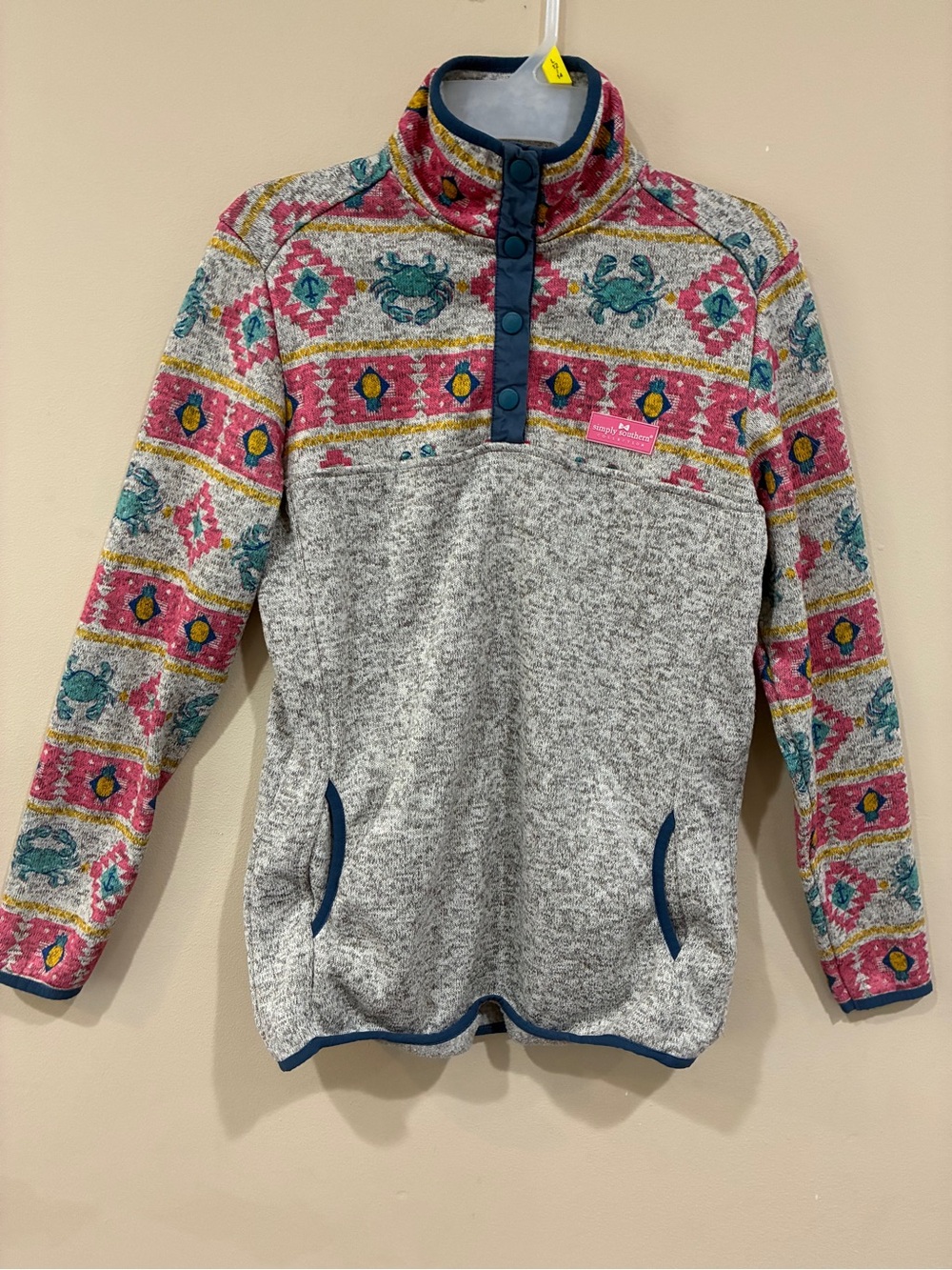 Simply Southern Gray Pullover with Pink & Teal Pattern